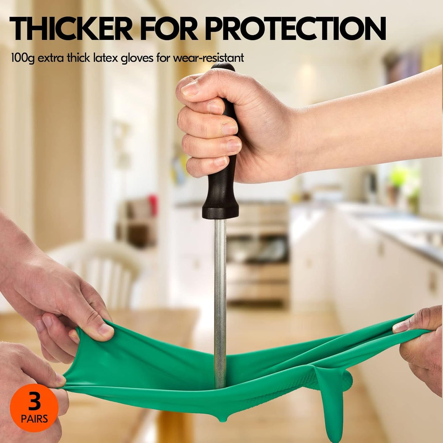 Vgo... 3-Pairs Reusable Household Gloves, Rubber Dishwashing gloves, Extra Thickness, Long Sleeves, Kitchen Cleaning, Working, Painting, Gardening, Pet Care (Size S, Green, HH4601)