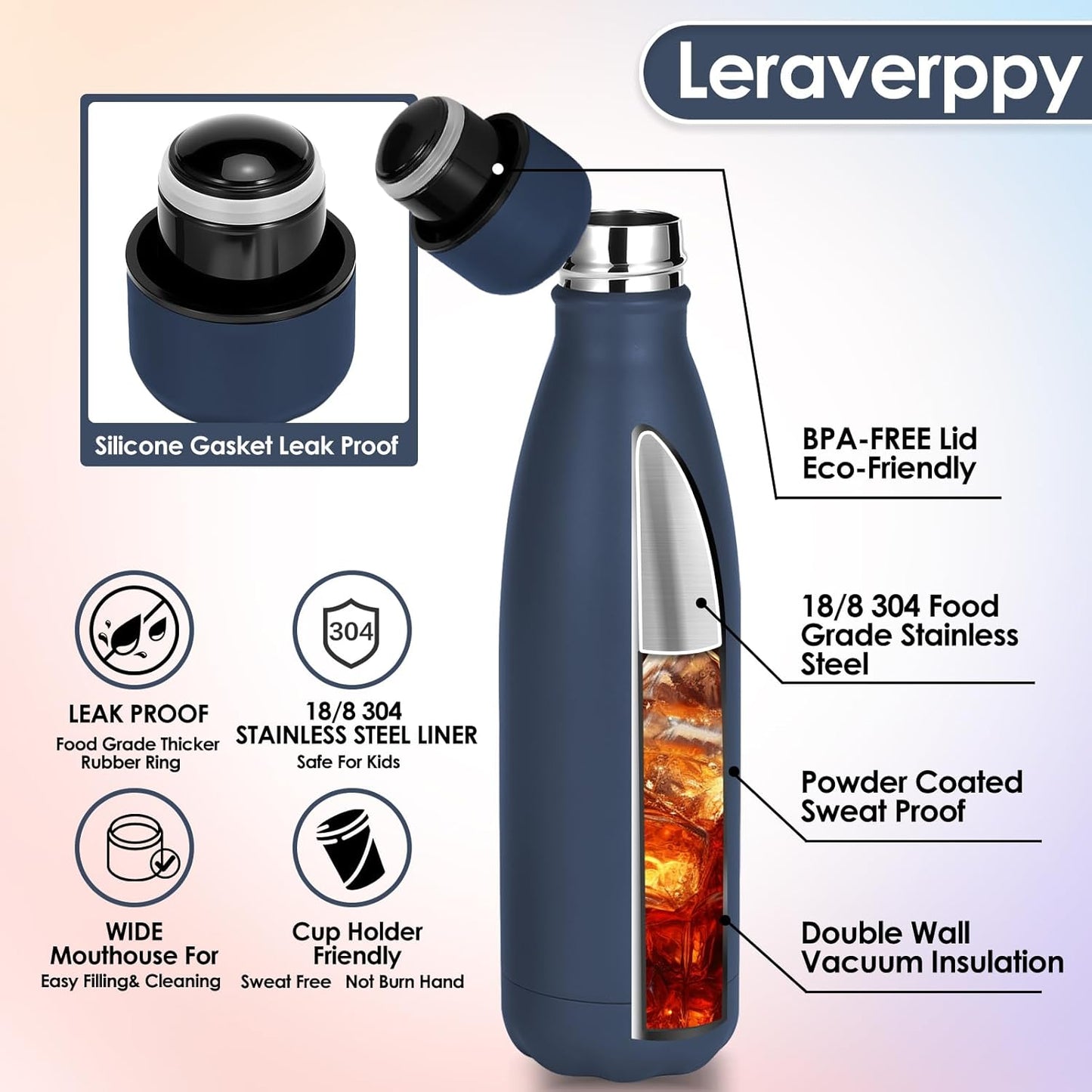 25oz Cola-Bottle Shaped Stainless Steel Leak-proof Water Bottle,Double Wall Vacuum Insulated Metal,Travel Mug For Sports Indoors & Outdoors,BPA-Free School Kids Flasks,Navy(1 Pack)