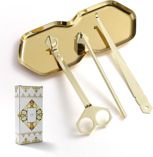 PATOISE 4 in 1 Candle Accessory Set, Wick Trimmer, Candle Snuffer, Wick Scoop,Storage Tray,Perfect for Candle Lovers(Gold)
