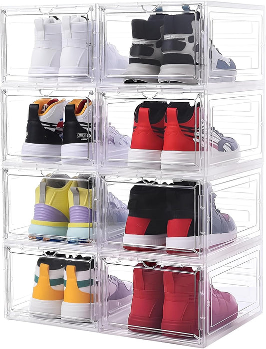8 Pack Shoe Boxes Clear Plastic Stackable, Drop Front Shoe Storage Organizer for Closet, Sneaker Storage with Magnetic Door, Shoe Display Containers Fit US Size 12 (13.4”x 10.6”x 7.5”) Clear