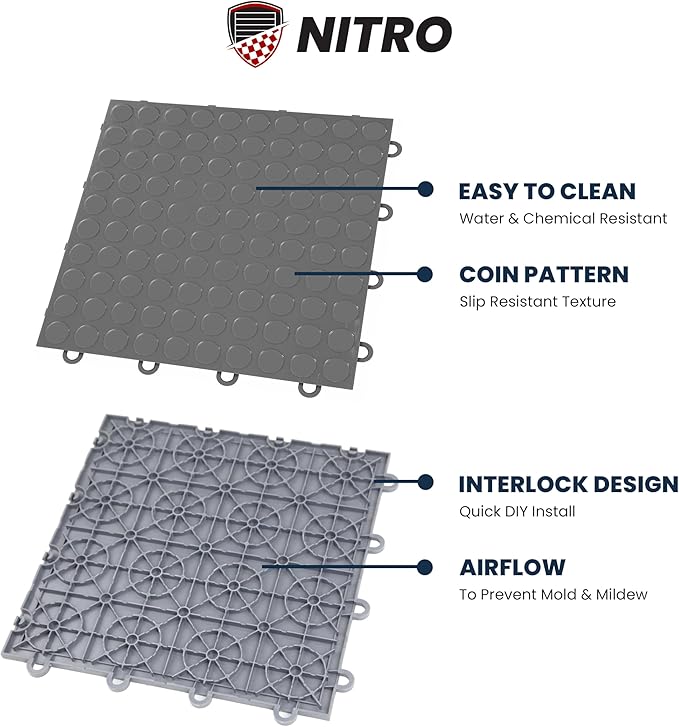 IncStores FlooringInc's Nitro 12"x12" Snap-Together Garage Flooring Tiles, Non-Slip Interlocking Plastic Floor Mat, Garage Organization & Storage, Coin Pattern, Victory Red, 52 Tiles, 52 Sq/Ft