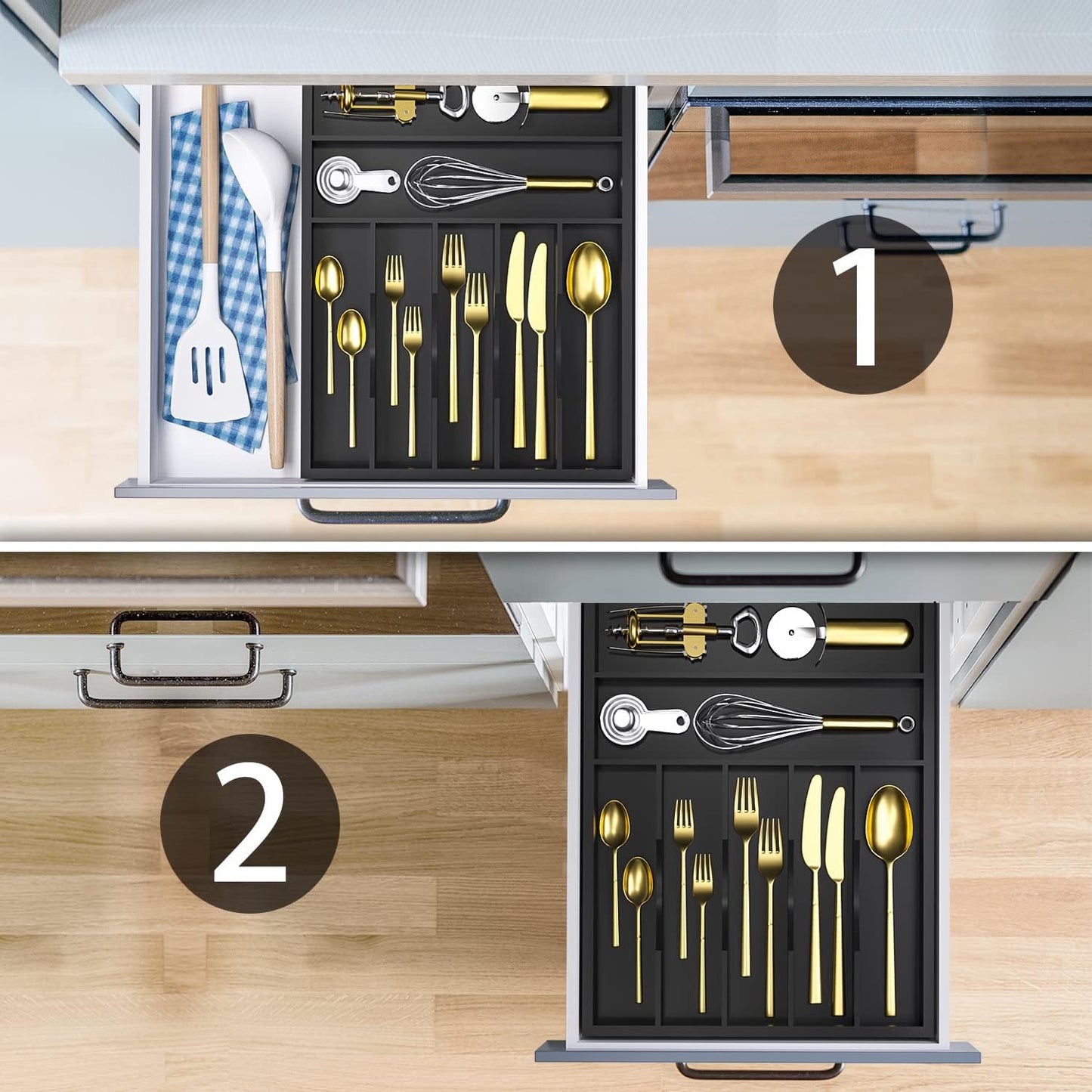 Utensil Organizer Silverware Drawer Organizer - 7 Slots Bamboo Silverware Tray For Kitchen Cutlery Office Supplies Makeup Desk Storage Garage Tool Organization W13”x L17” (Black)