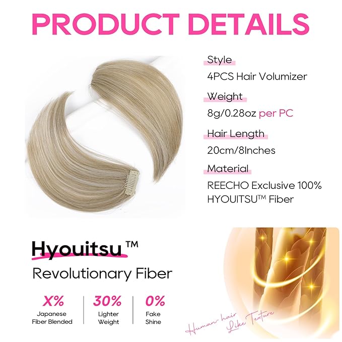 REECHO Clip in Hair Volumizer, Short Thick Clip in Hairpieces Adding Extra Hair Volume Extensions for Women with Thin Fine (Ash Blonde with Highlights, 8 Inch(Pack of 4))