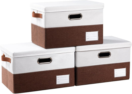 PRANDOM Foldable Storage Bins with Lids [3-Pack] Fabric Collapsible Storage Boxes Baskets Cubes Containers with Handles for Closet Living Room Bedroom (Brown & White 14.9x9.8x9.8'')