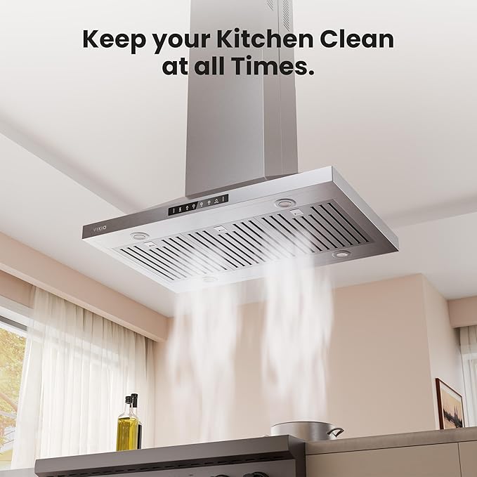 42In Island Range Hood, 390 CFM Stainless Steel Ducted Island Mount Range Hood, kitchen island vent hood with 3-Speed Fan, Touch/Gesture, 4 Stainless Steel Baffle Filters, Ceiling Mount