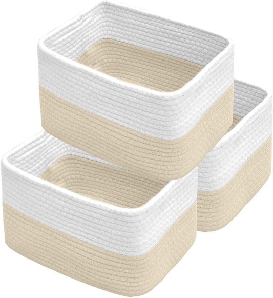 Hopegiver Woven Storage Baskets 11x8x7 Inch, 3 Pack Collapsible Cube Storage Bin for Shelves - Foldable Cotton Rope Organizer Bins for Towels, Toys, Books, Closet, Nursery (White Khaki)