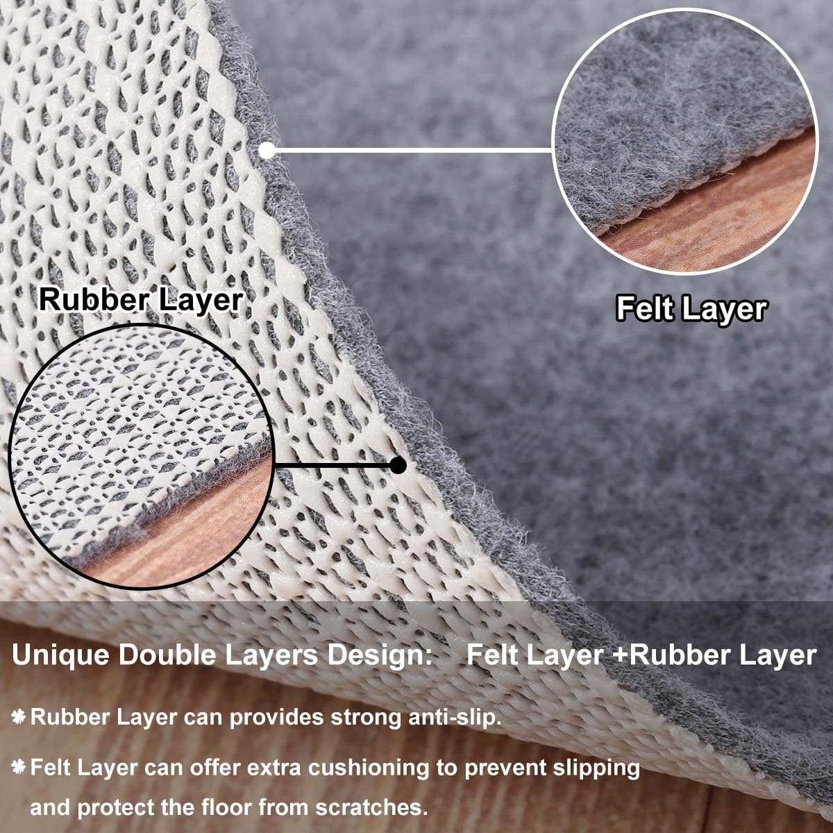 Non Slip Rug Pad Grippers - 8x10, 1/8" Thick, (Felt + Rubber) Double Layers Area Carpet Mat Tap, Provides Protection and Cushioning for Hardwood or Tile Floors