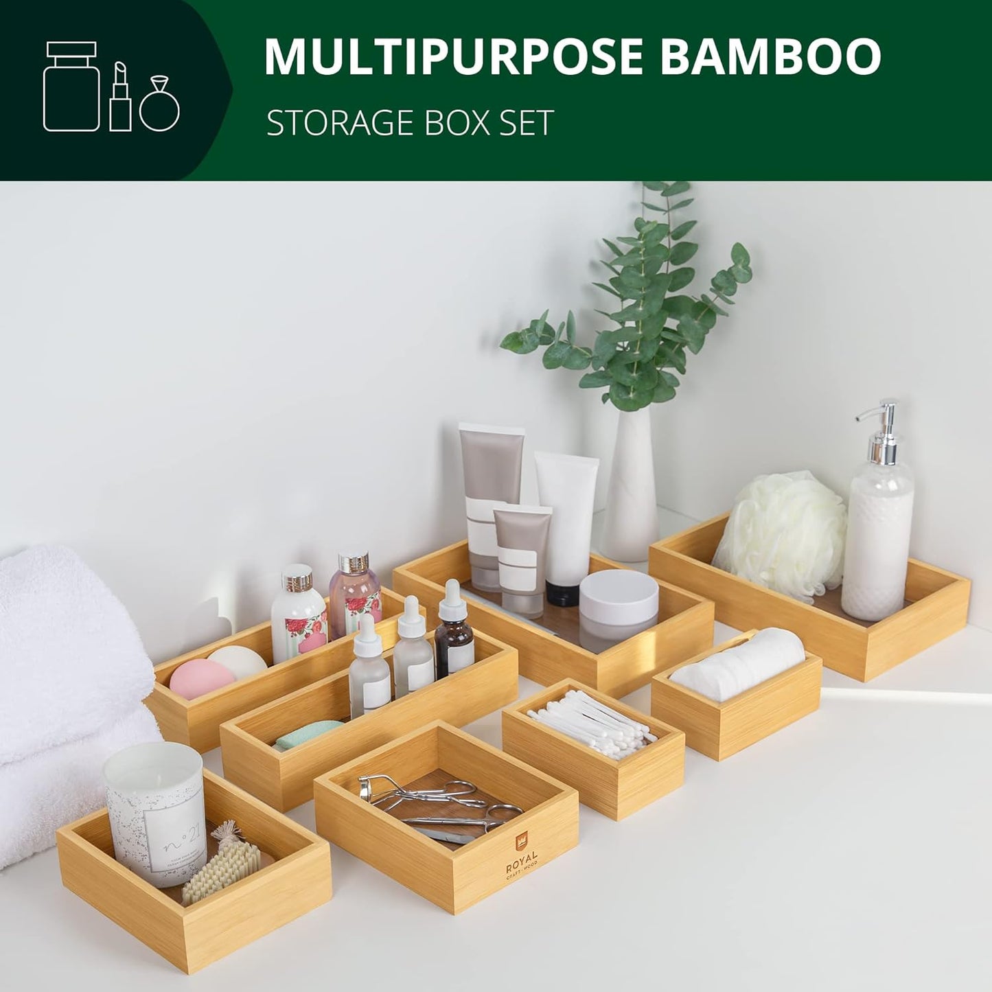 ROYAL CRAFT WOOD Bamboo Jewelry Organizer Box & Chests Set - Versatile Storage Solution for Makeup, Jewelry, and Bathroom Essentials (8 Boxes)