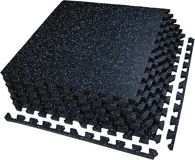 AIRHOP 0.56in Thick 24 Sq Ft Exercise Equipment Mats, 6 Tiles Upgraded Rubber Top with High Density EVA Foam, Large Interlocking Puzzle Gym Flooring for Home Gym, Heavy Weight Workout,Black & Blue