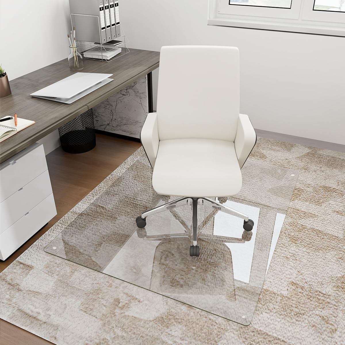 [Tempered Glass] 36" x 55" Glass Chair Mat, Heavy Duty Hard Floor Mat with Round Corner and Polished Edge, Office Chair Mat for Carpet Office Home Hardwood Floor Desk