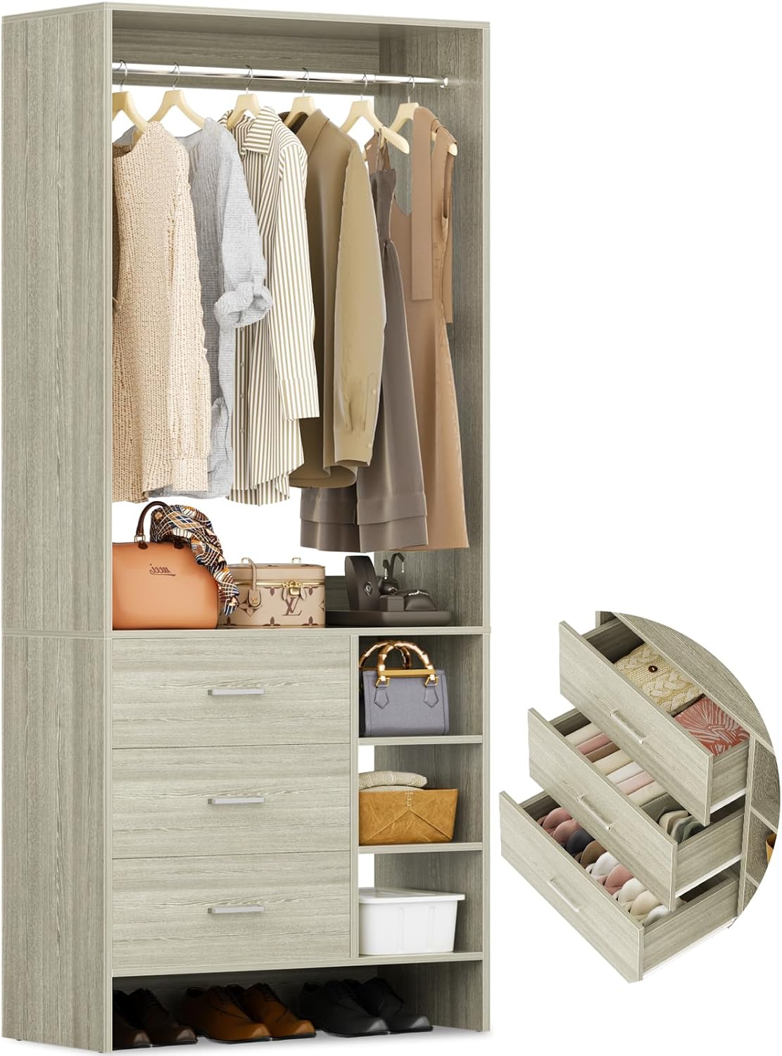 Aheaplus 2.5FT Closet System with 3 Drawers, 29.5’’ Closet Organizer, Wood Closet Organizer System, Walk-in Closet or Small Closets Wardrobe, Clothes Rack with Hanging Rods,-E6, White Oak