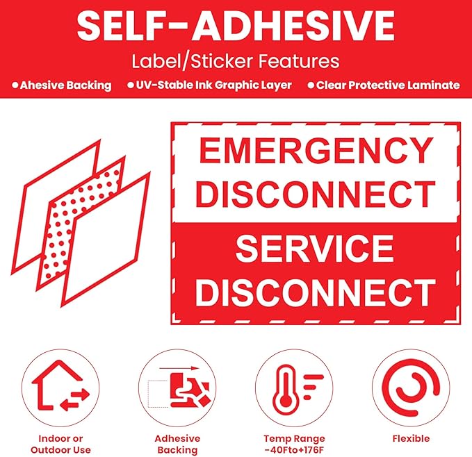 LEIFIDE 12 Pack NEC Compliant Emergency Disconnect Sticker 5"x 3.5" Emergency Disconnect Service Warning Sticker Shut Off Sign Uv-Resistant Electric Panel Labels Vinyl Waterproof for Indoor Outdoor