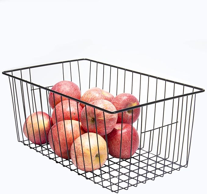 16inch Freezer Storage Organizer Baskets, Refrigerator Metal Wire Basket Bins with Handles for Kitchen, Pantry, Cabinet, Closets(Black, 3Pack)