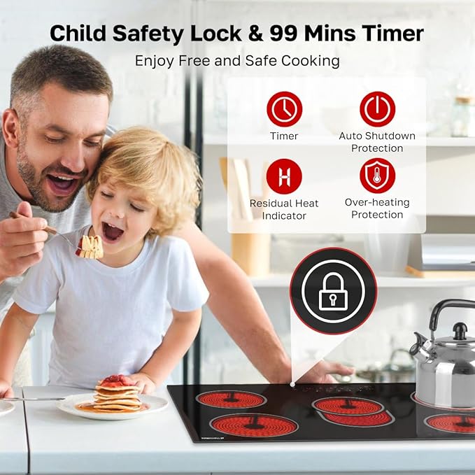 ThermoMate 36 Inch Electric Cooktop 5 Burners, 36" Built in Radiant Electric Stove Top, 8500W Ceramic Cooktop with Touch Control, 9 Heating Level, Chlid Lock & Timer, 220-240V Hard Wire ETL Listed