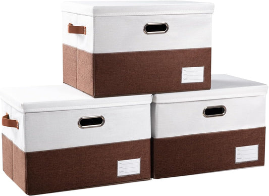 PRANDOM Foldable Storage Bins with Lids [3-Pack] Fabric Collapsible Storage Boxes Baskets Cubes Containers with Handles for Closet Living Room Bedroom (Brown & White 17.7x11.8x11.8'')
