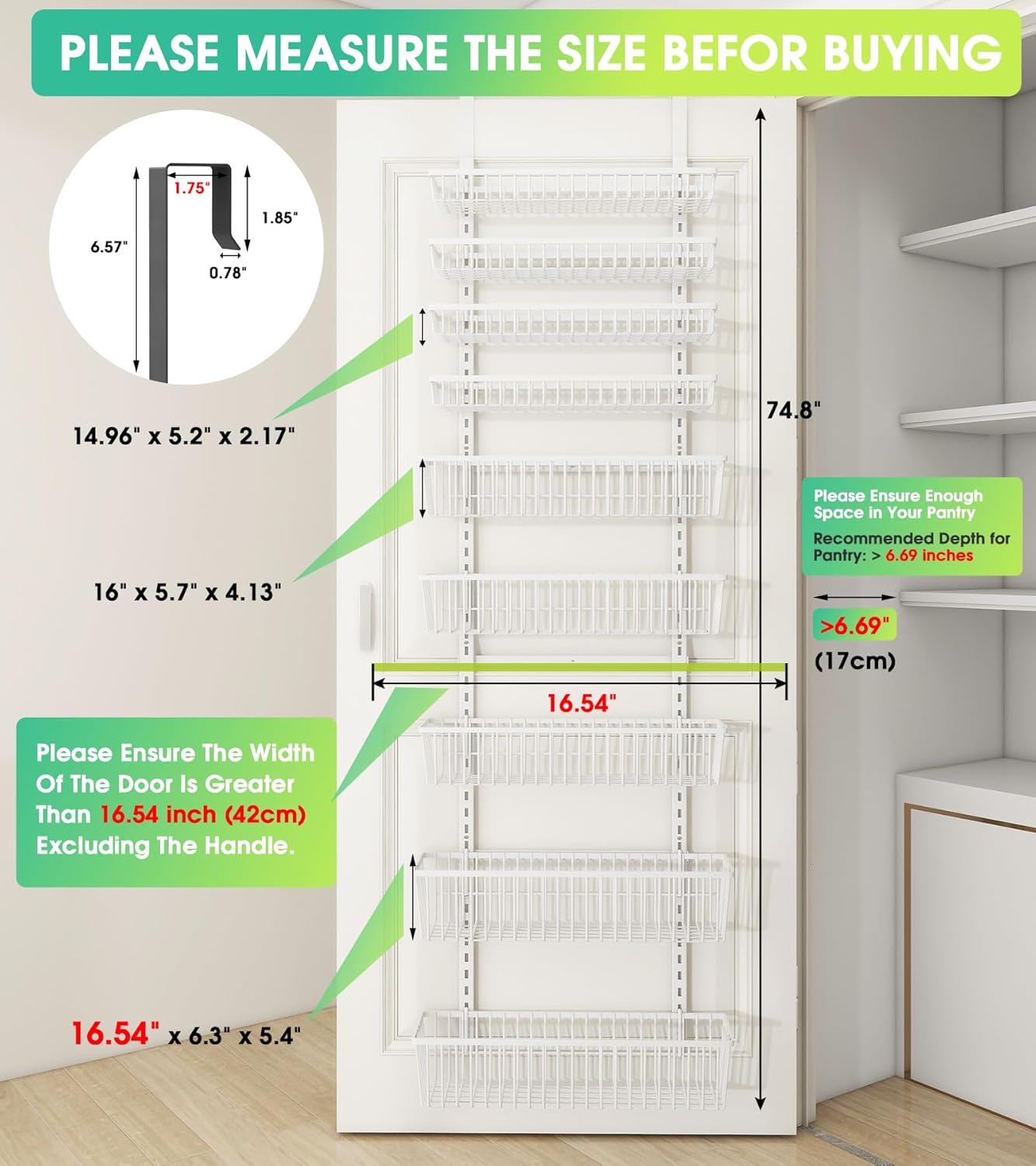White 9-Tier Over The Door Pantry Organizer, Pantry Organization and Storage, Deep Baskets Hanging Heavy-Duty Metal, Wall Spice Rack Seasoning Shelves for Home & Kitchen, Laundry Room Bathroom