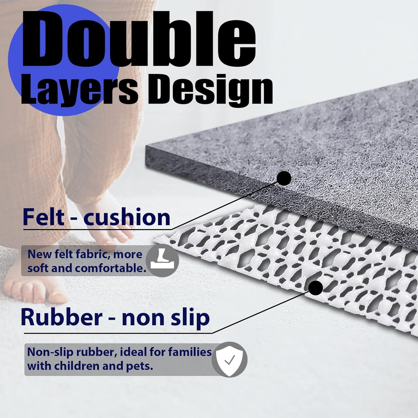 Non Slip Rug Pad Grippers - 2.5x9, 1/4" Thick, Felt + Rubber Double Layers Area Carpet Mat Tap, Provides Protection and Cushioning for Hardwood or Tile Floors