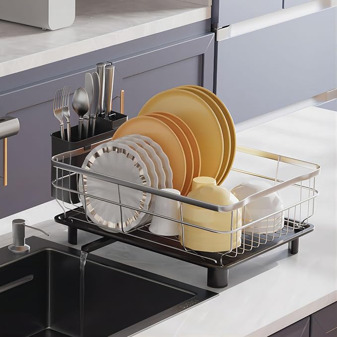 Stainless Steel Dish Drying Rack with Drainboard Dish Drainers for Kitchen Counter Extendable Spout Strainers with Utensil Holder and Knife Slots, Black