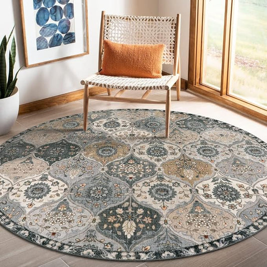 Lahome Moroccan Trellis Washable Round Area Rug, Soft Round Rugs 6ft Ultra-Thin Non-Slip, Vintage Large Circle Carpet for Bedroom Living Room Kitchen Nursery, Grey