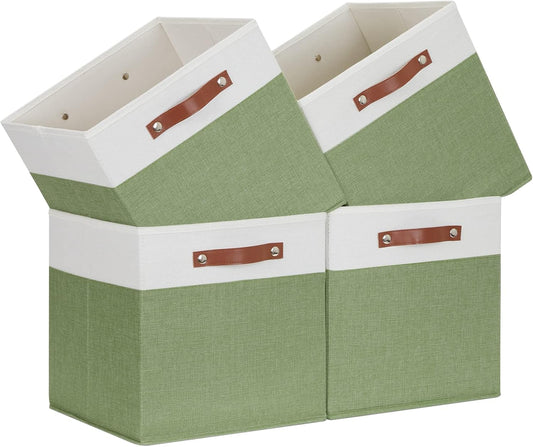 Temary 13 Inch Cube Storage Bin 4 Pack Fabric Storage Cubes Fabric Storage Bin for Shelf, Cube Storage Basket with Leather Handles(White&Green)