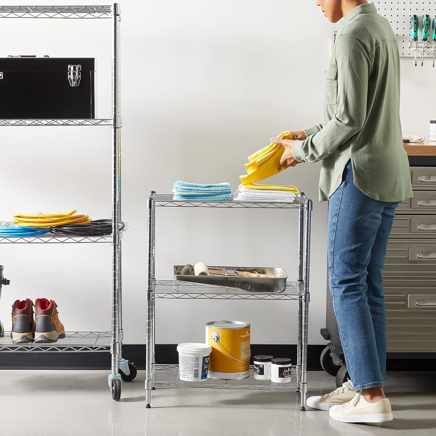 Amazon Basics 3-Shelf Adjustable Heavy Duty Steel Wire Rack Storage Shelving Organizer for Kitchen, Garage, 23.2" L x 13.4" W x 30" H, Chrome