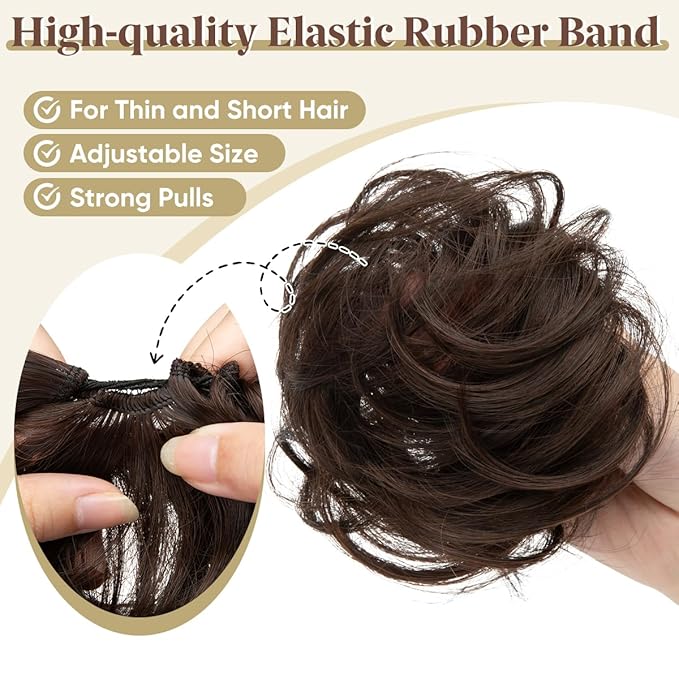 CJL HAIR 2PCs Small Cute Messy Bun Hair Piece for Thin Hair Women Mini Synthetic Curly Bun Scrunchies Updo Hairpieces Chocolate Multi