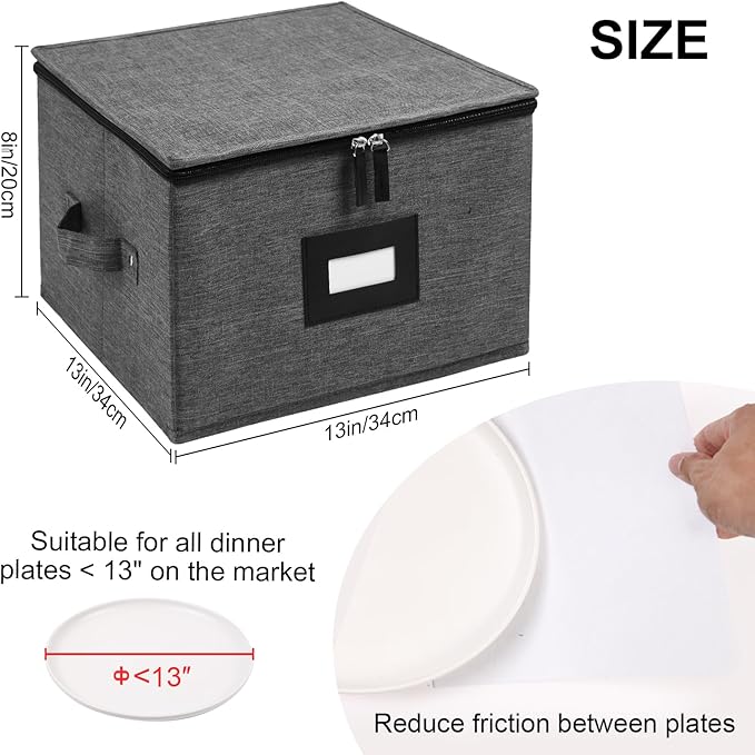 Mayniu China Storage Containers Hard Shell, 13" Charger Plates Storage Containers for Dishes, Stackable Dinnerware Storage with 24 Felt Dividers (2 Pack Black)