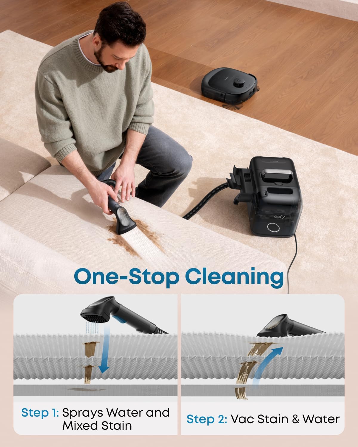 eufy Robot Vacuum E28, Portable Deep Cleaner for Carpet, HydroJet System with Roller Mop, All-in-One Robot Vacuum and Mop Combo, 20,000 Pa Suction, Zero-Tangling, Corner-to-Edge Cleaning (Upgraded)