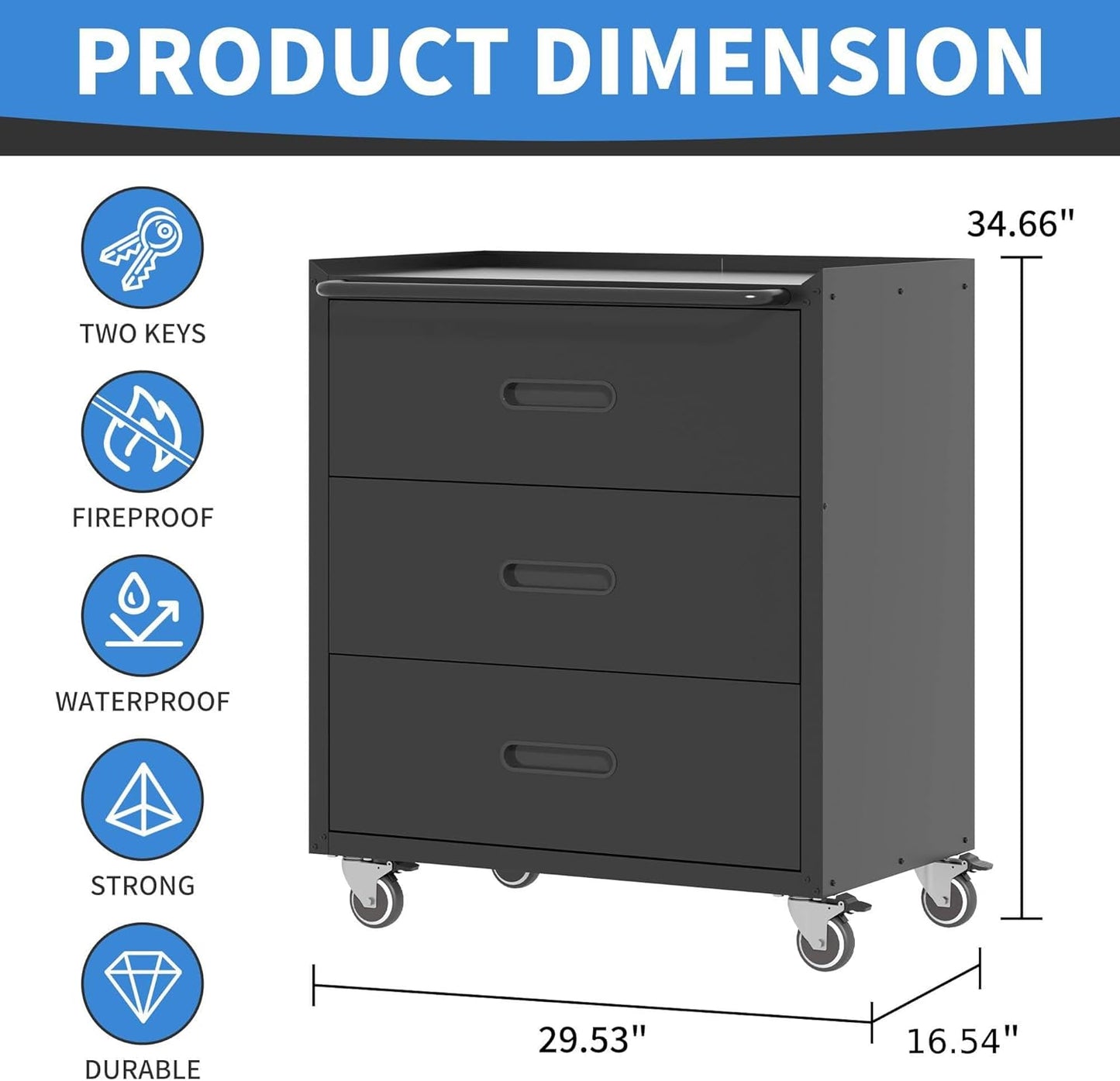 Metal Storage Cabinet with Wheels, Garage Storage Cabinet with 3 Drawers, Rolling Tool Storage Cabinet, Assembly Required, Black