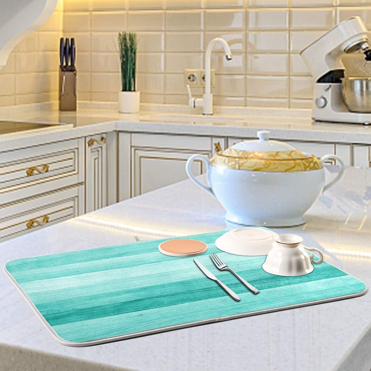 Teal Turquoise Green Wood Texture Dish Drying Mat 18x24 for Kitchen Green Blue Wooden Printing Dishes Pad Dish Drainer Rack Mats Absorbent Fast Dry Kitchen Accessories