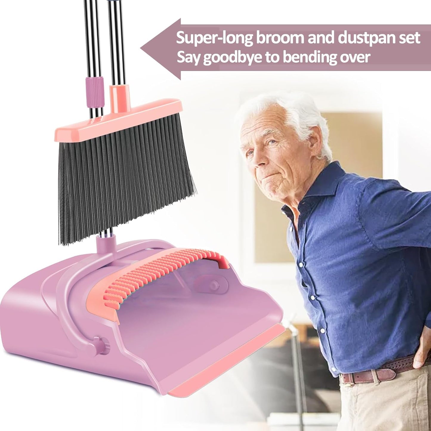 kelamayi Broom and Dustpan Set for Home, Office, Indoor&Outdoor Sweeping, Stand Up Broom and Dustpan (Pink)