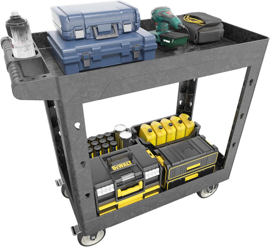 Large Garage Plastic Utility Cart, Heavy Duty 2 Shelf Tool Cart Service Cart Rolling Push Carts with Ergonomic Handle 5" Swivel Casters.