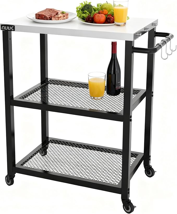 NUUK Rolling Outdoor Grill Cart with Wheel 16" x 24", Stainless Steel Table Top Pizza Oven Stand, BBQ Size Prep Table Outside Kitchen Cabinet for Garden Backyard Barbecue
