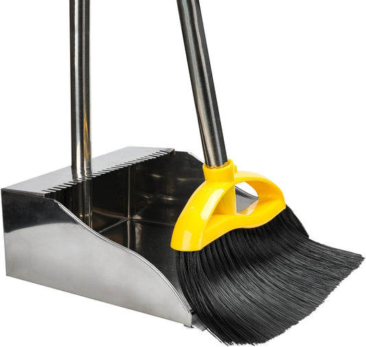 Broom and Stainless Steel Dustpan Set for Home,Metal Dust Pan and Soft Bristles Indoor Kitchen Broom for Office,Lobby