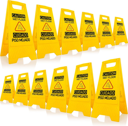 12-Pack Bilingual Caution Wet Floor Signs, A-Frame Double-Sided Warning Signs for Indoor & Outdoor Commercial Use, Foldable & Sturdy for Kitchen, Pool, Hotel and Workplace Safety
