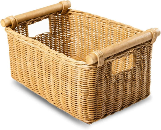 The Basket Lady Pole Handle Wicker Storage Basket, Small, 14 in L x 10 in W x 7.5 in H, Sandstone