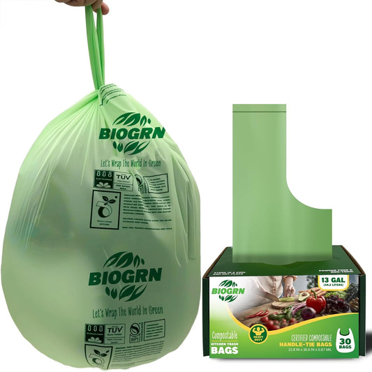 10-13 Gallon Compostable Trash Bags with Handles 30 Bags compost bags Food Scrap Green Waste Bags Thick 0.87 Mil 49.21 Liter ASTM D6400, US BPI and OK Compost Home Certified