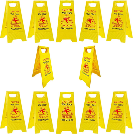 12-Pack Caution Wet Floor Signs | Foldable Sturdy Double-Sided Bilingual Saftey Warning Signs | Cuadado Piso Mojado| Avoid Fall & Slip Accident | Bright Yellow