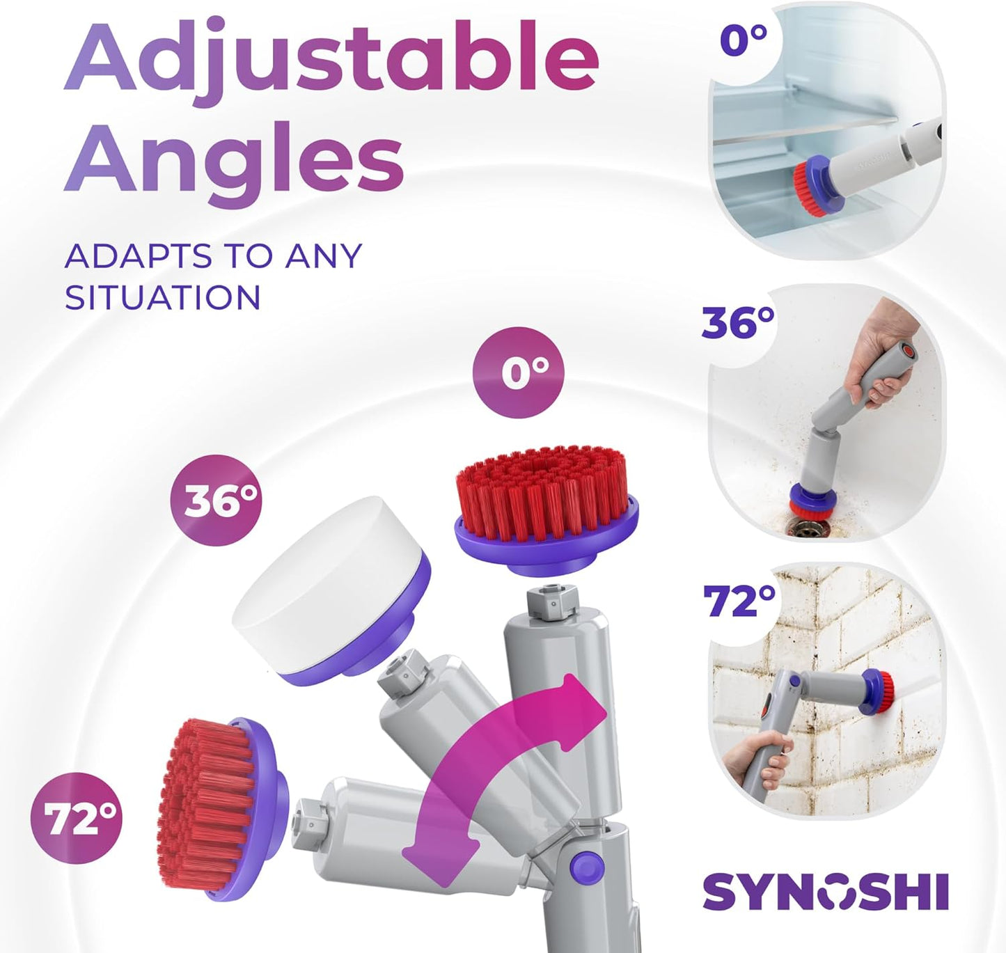 SYNOSHI PRO Electric Spin Scrubber, Cordless Cleaning Brush Bathroom Scrubber. Waterproof Shower Cleaner Brush with Adjustable Angles, 2 Speed, 180Min Work Time for Floor, Bathtub, Kitchen, Car, Tub