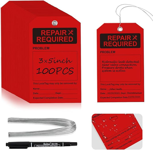 100 PCS Waterproof Repair Required Tags Red Repair Tags with Wire 3x5 Inch Service Tag Plastic Maintenance Required Tag with Iron Wire & Pen for Equipment Maintenance Service