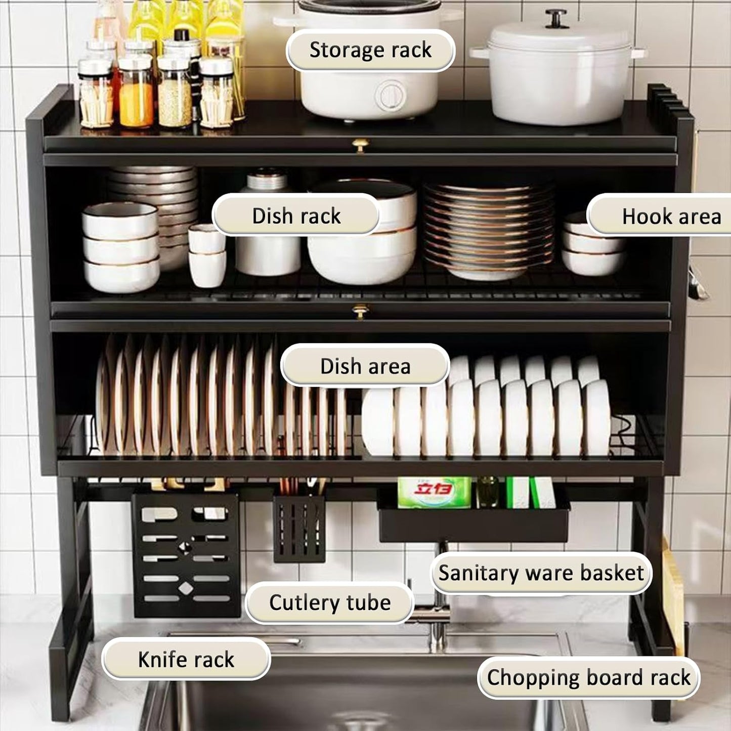 Dish Drying Rack 4 Tiers with Cover, Keep Kitchen Sink Shlef Organized Space-Saving Dish Drying Rack, Large Drying Rack for Dishes, Glasses, Bowls, Cutlery (Black, W-25.6)