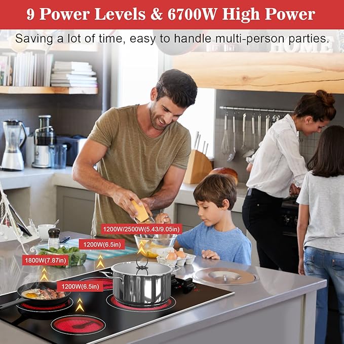 Karinear 30 Inch Electric Cooktop 4 Burners, Knob Control Built-in Ceramic Cooktop, 30" Radiant Electric Stove Top with Glass Protection Metal Frame,Hot Surface Indicator, 220-240v, Hard Wire, No Plug