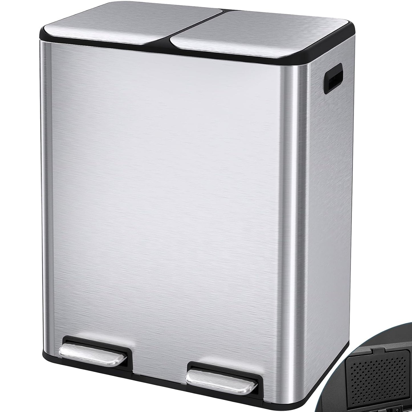 Arlopu 16Gal Dual Trash Can w/2 Built-in Box for Odor Control, Hands-Free Kitchen Garbage Bin, Recycle Waste Dustbin, Soft-Close Lid, 2 Buckets,Foot Pedal, Side Handle, Airtight,for Home Office