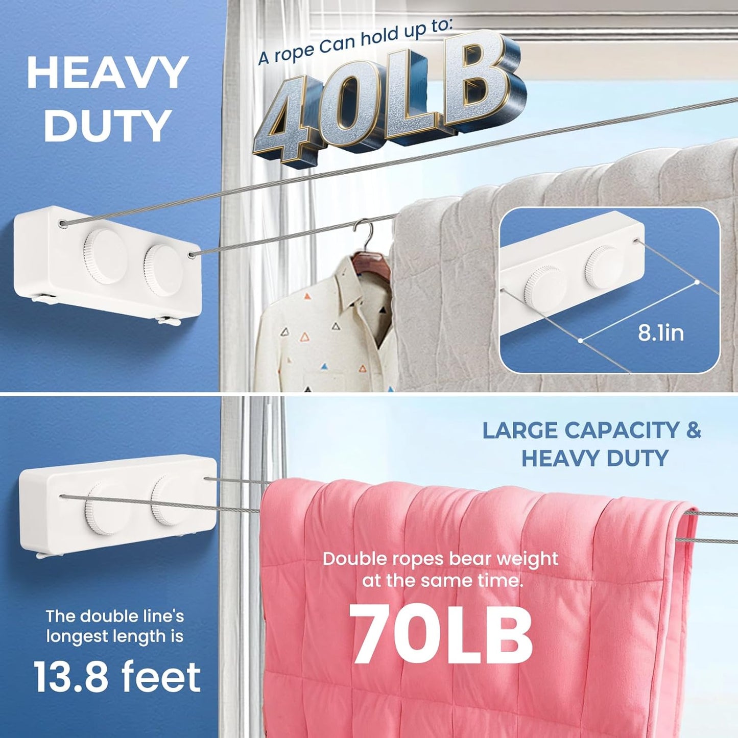 Retractable Clothesline Indoor Outside Heavy-Duty, Upgrade 304 Double Stainless Steel Shower Room Clothes line, Fit Rv Balcony Courtyards Indoor Drying Rack Clothesline, 13.8ft