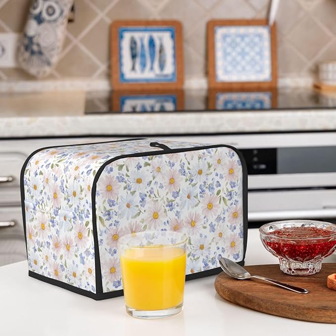 2 Slice Toaster Cover for Kitchen Flower Pastel Floral Waterproof and Dustproof Toaster Dust Cover with Side Pockets Decorative Universal Cover for Wide Slot Toasters and Small Appliances