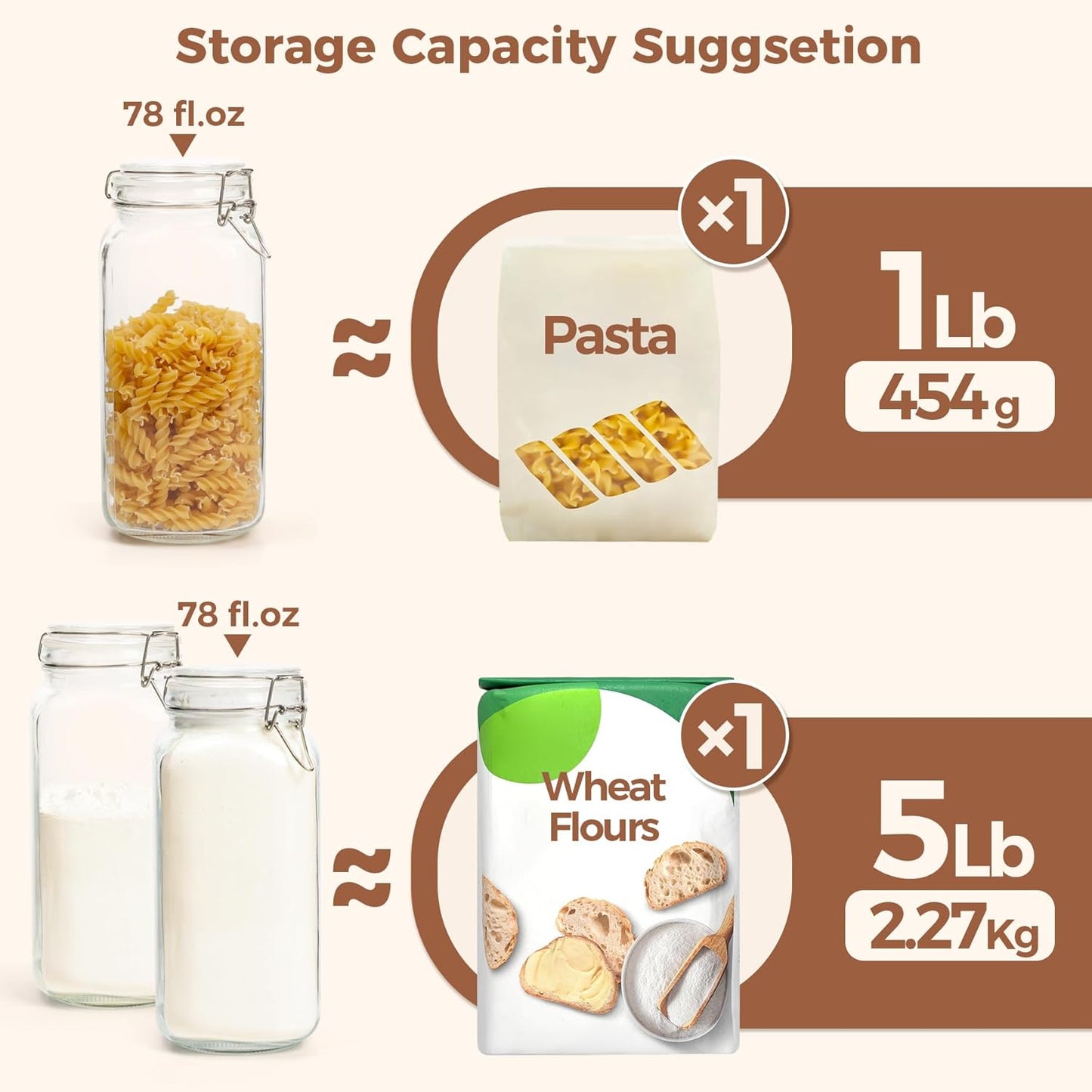 ComSaf Airtight Glass Jars with Lids 78oz Set of 3, Food Storage Canister Square - Storage Container with Clear Preserving Seal Wire Clip Fastening for Kitchen Canning Flour, Cereal, Pasta, Beans