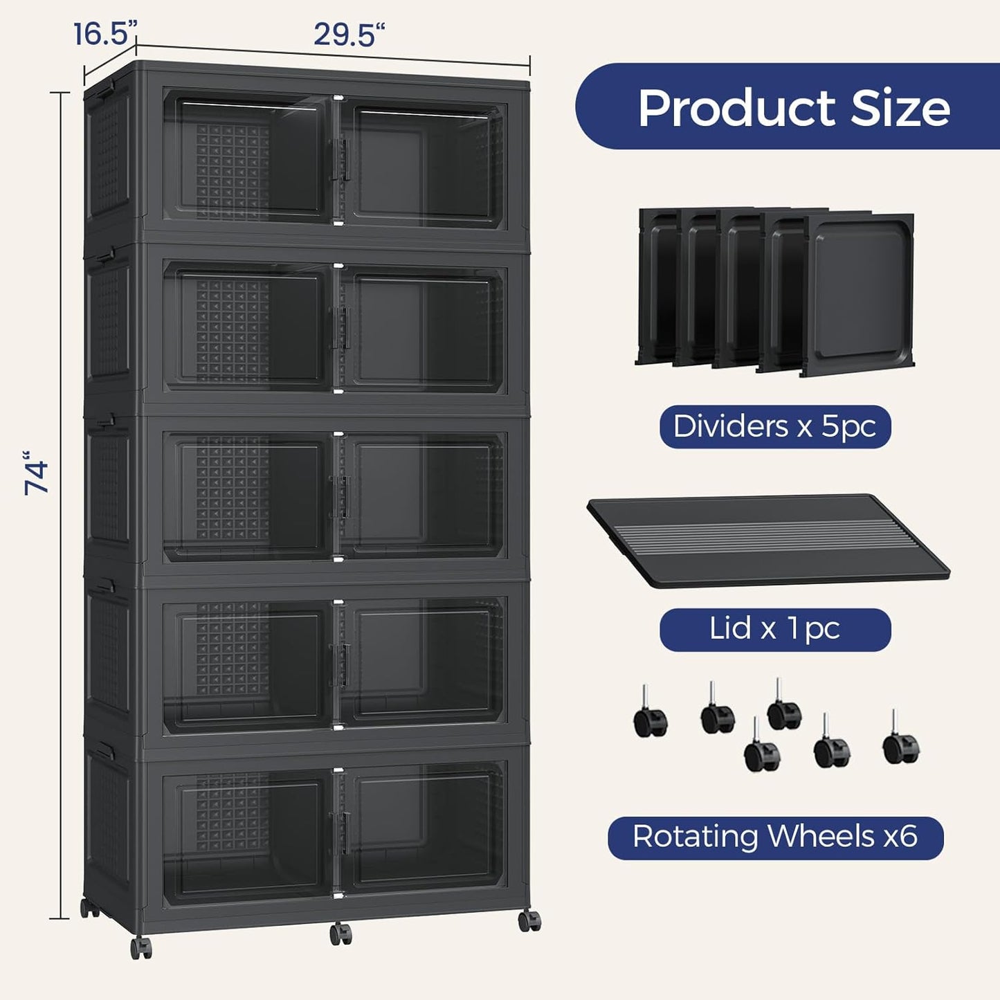 200GAL Storage Bins with Lid and Wheels, Stackable Closet Organizers and Storage Drawer, Collapsible Storage Box with Dividers, Foldable Plastic Cabinets Cubes Totes for Garage, 5 Pack Black