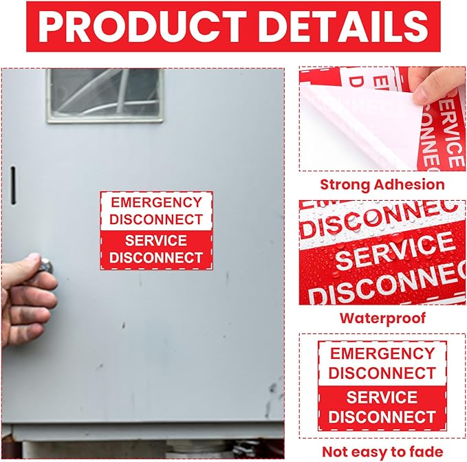 LEIFIDE 50 Pack NEC Compliant Emergency Disconnect Sticker 5"x 3.5" Emergency Disconnect Service Warning Sticker Shut Off Sign Uv-Resistant Electric Panel Labels Vinyl Waterproof for Indoor Outdoor