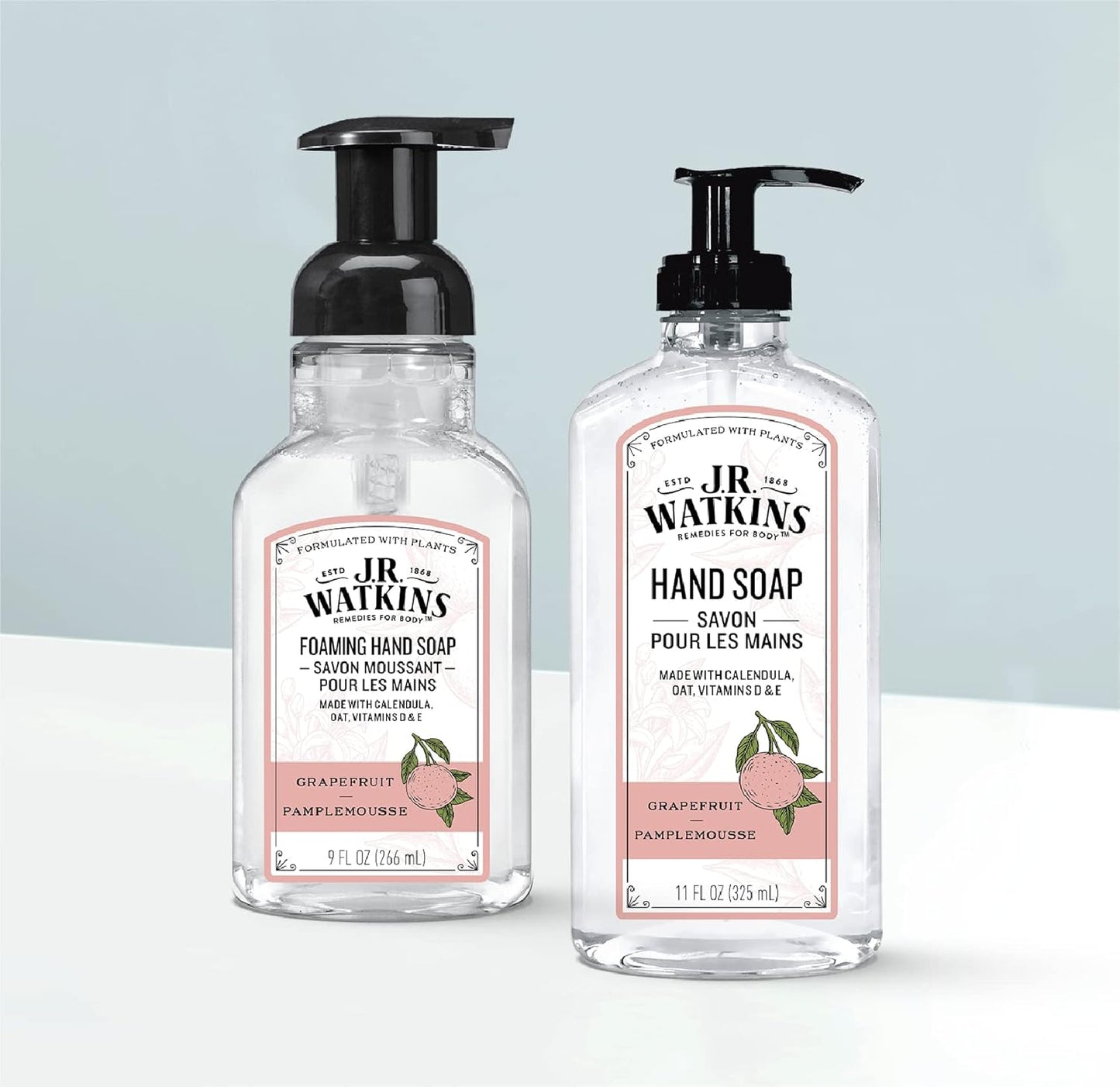 J.R. Watkins Foaming Hand Soap Pump with Dispenser, Moisturizing All Natural Hand Soap Foam, Alcohol-Free, Cruelty-Free, USA Made, Use as Kitchen or Bathroom Soap, Grapefruit, 9 fl oz, 6 Pack