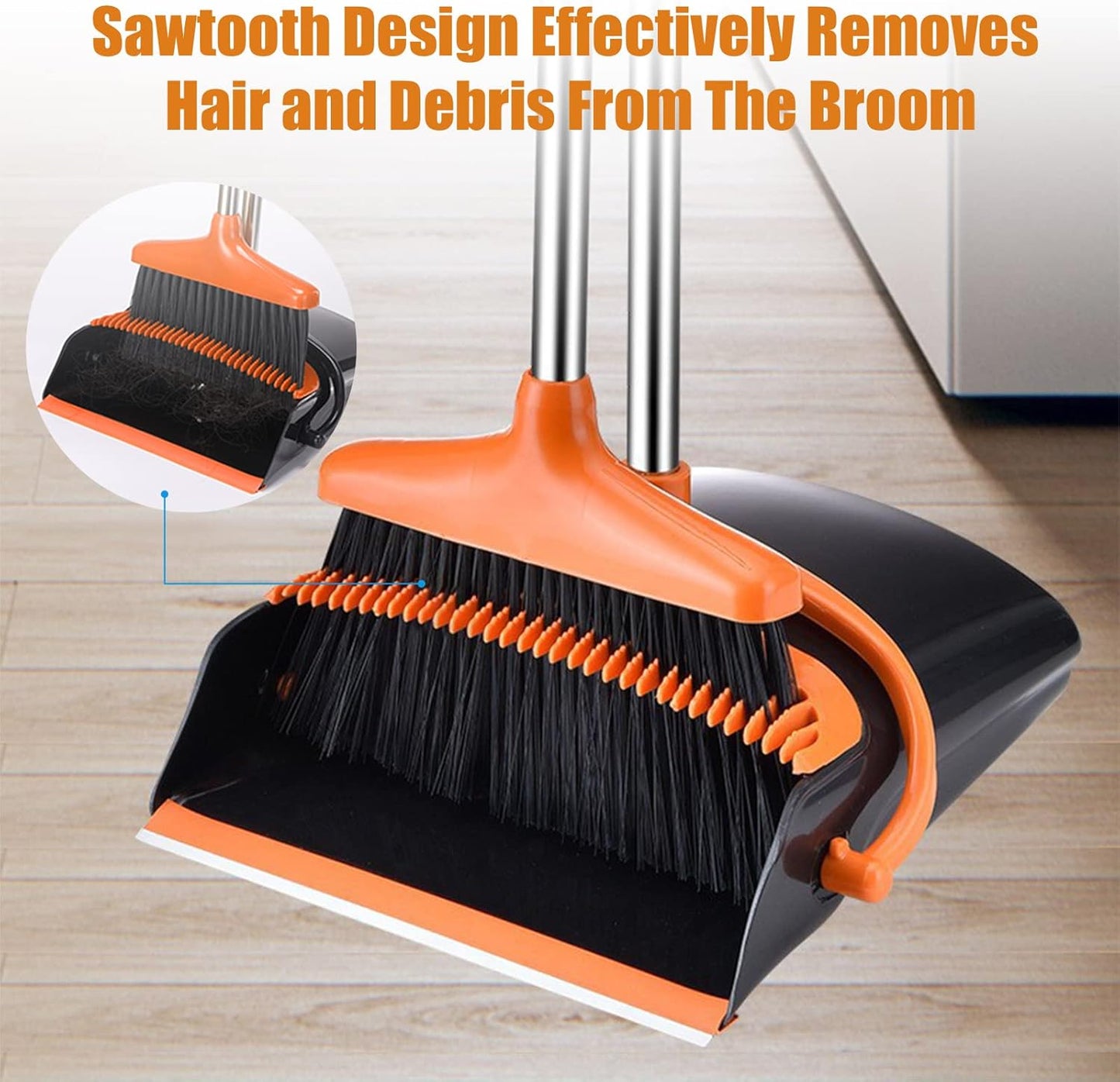 Broom and Dustpan Set with Long Handle and 6 Bonus Cleaning Tools, Upright Standing Combo with Self-Cleaning Teeth & Windproof Dustpan for Pet Hair, Home, Kitchen, Garage, Apartment
